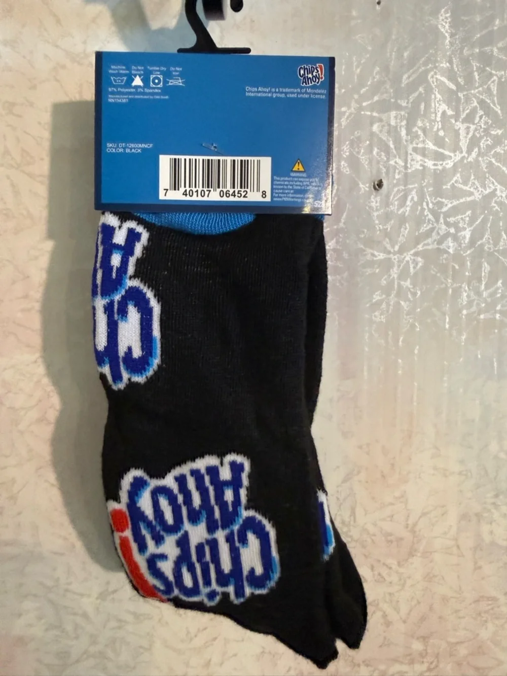Chips Ahoy! Black Logo Crew Socks with Blue & Red Accents. 